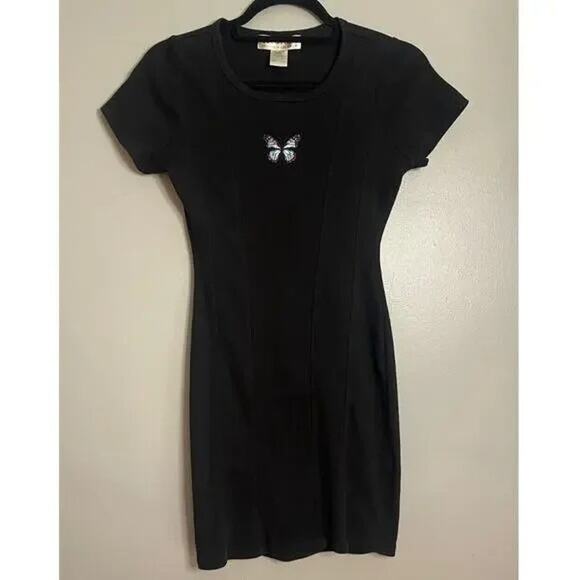Cut and Paste Small Dress Y2K Butterfly Black Bodycon Ribbed Fitted California - Picture 1 of 5